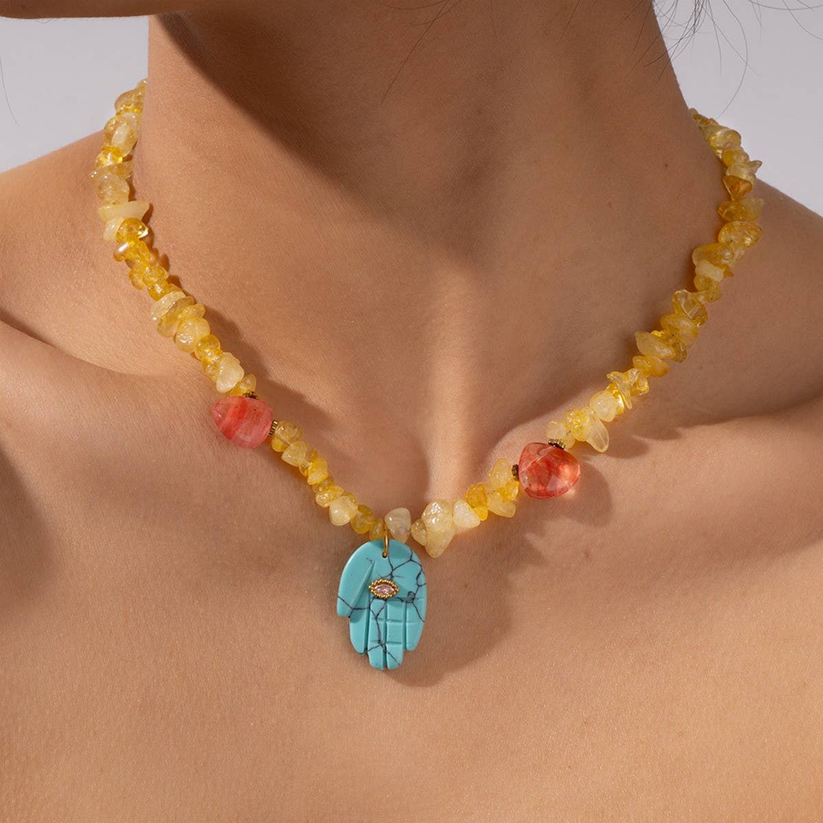 LAPIS TIGER EYE FATIMA HAND BEADED NECKLACE_CWMM7533