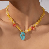 LAPIS TIGER EYE FATIMA HAND BEADED NECKLACE_CWMM7533