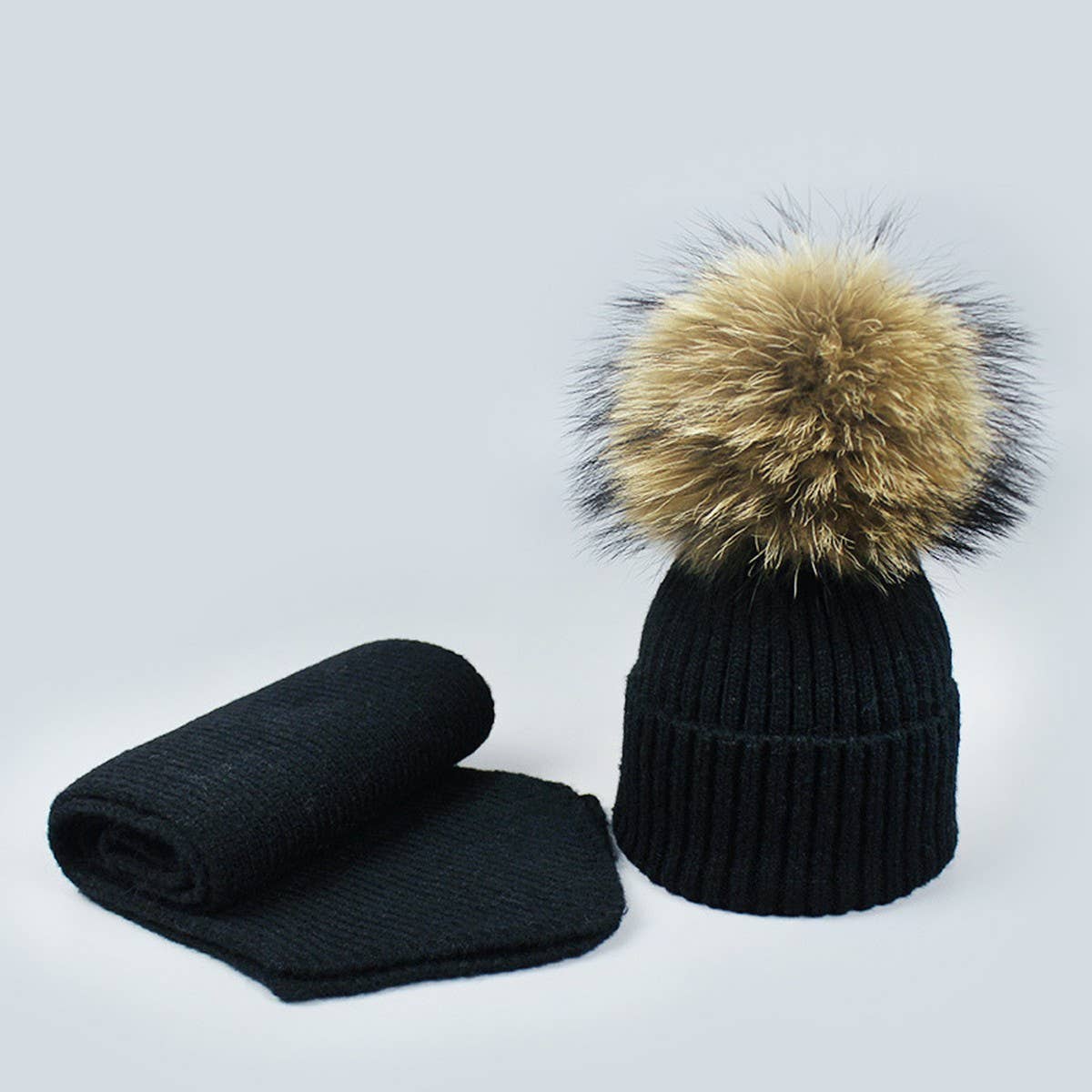 Knit Hat & Scarf Set With Pom Ball_Cwah05028