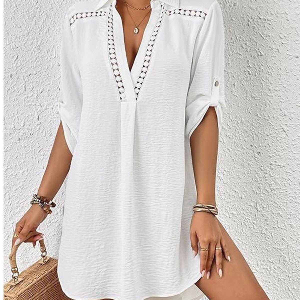 White Lace V-Neck Beach Cover Up Blouse_Cwmm6149