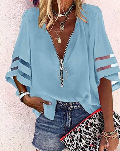 V-Neck Zipper Half Horn Sleeve Mesh Loose Shirt