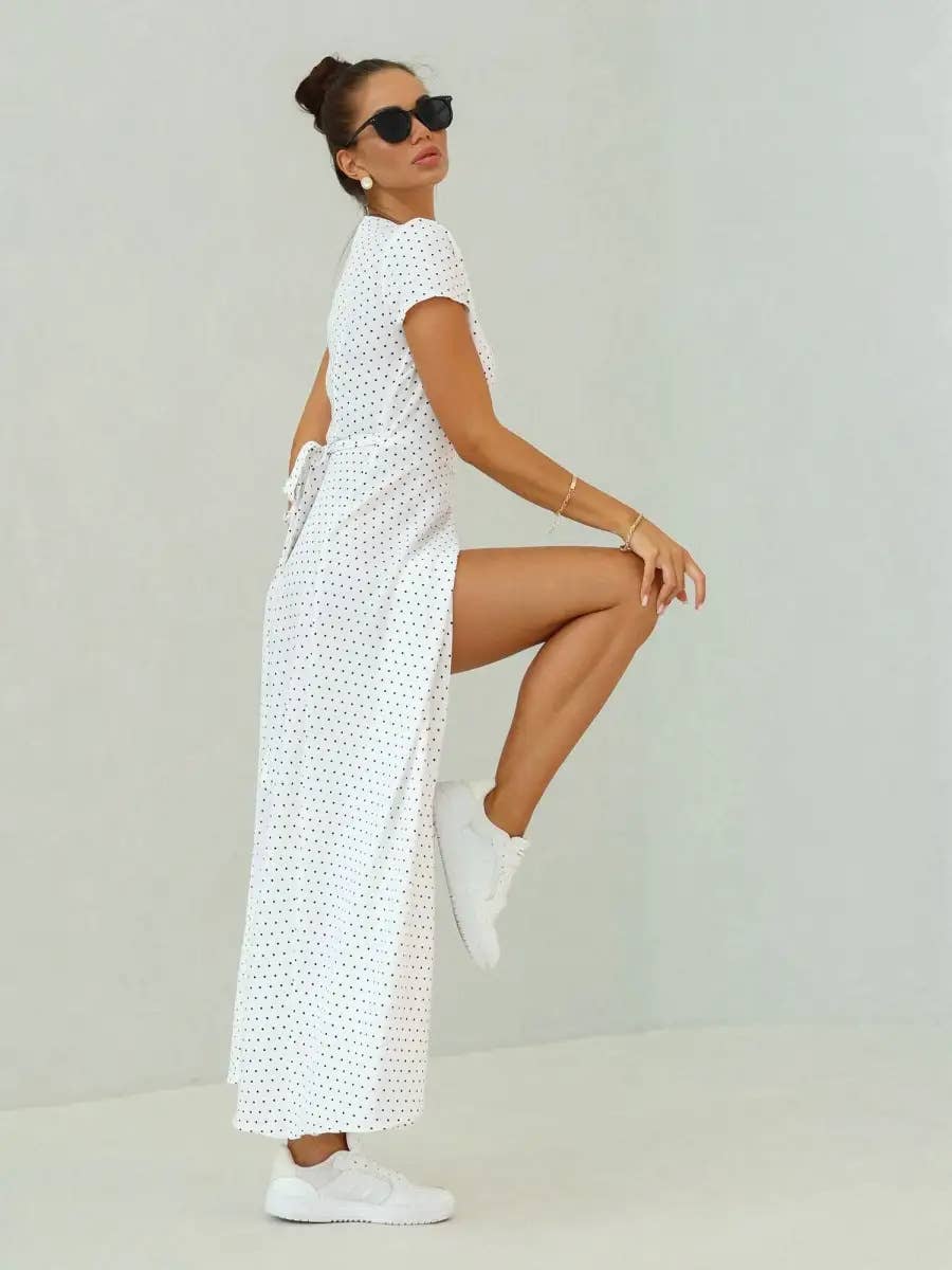 V-Neck Lace-Up Slim Polka Dot Casual Long Dress