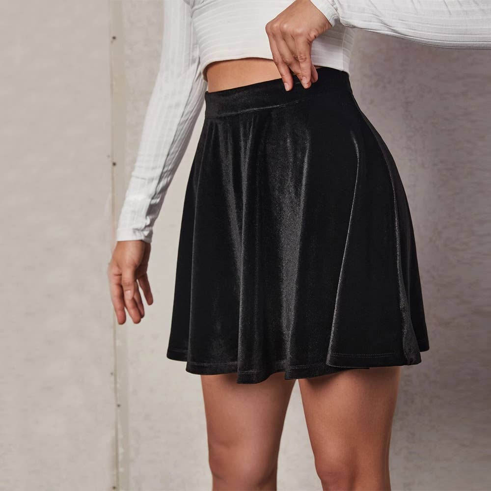 Womens Velvet A-Line Skirt With Ruffle Hem