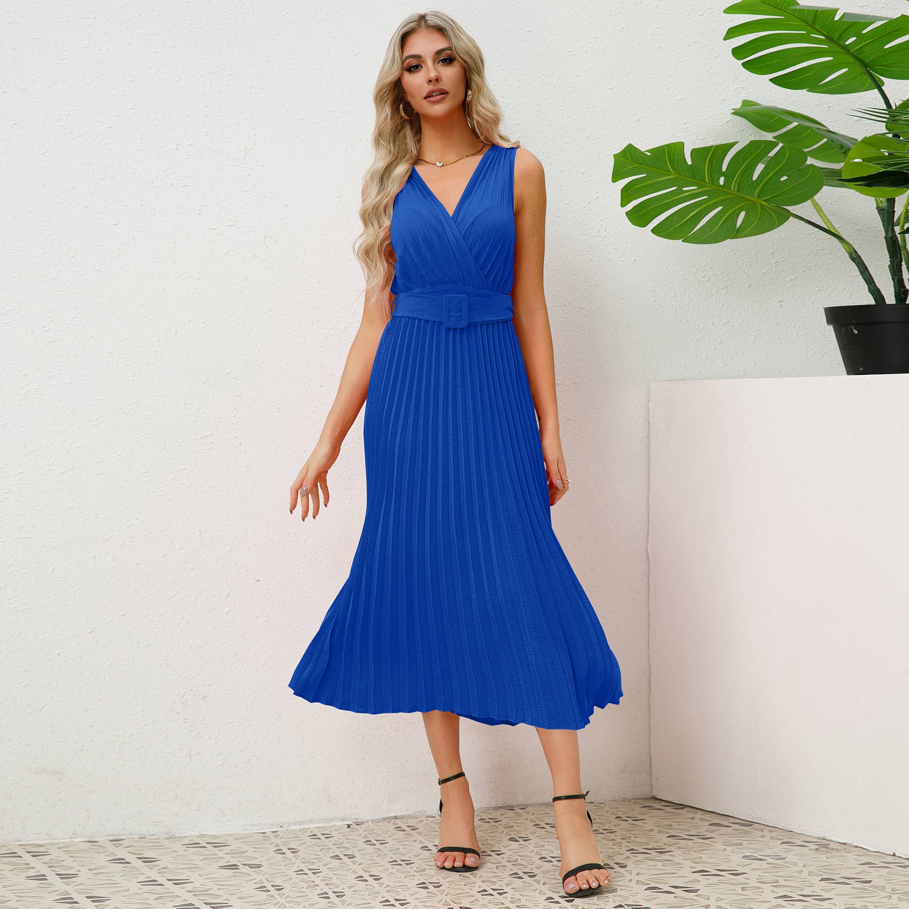 V-Neck Pleated Belted Bodycon Midi Dress