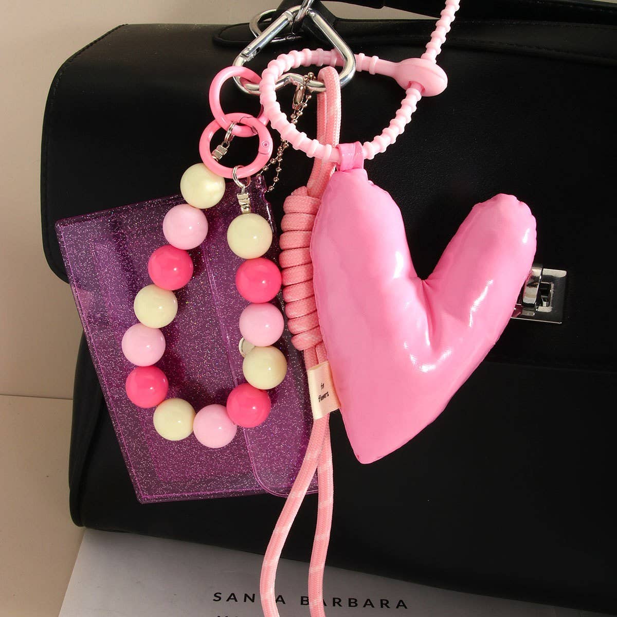 3D PINK PU HEART KEYCHAIN WITH BEADED COIN PURSE_CWMM7835