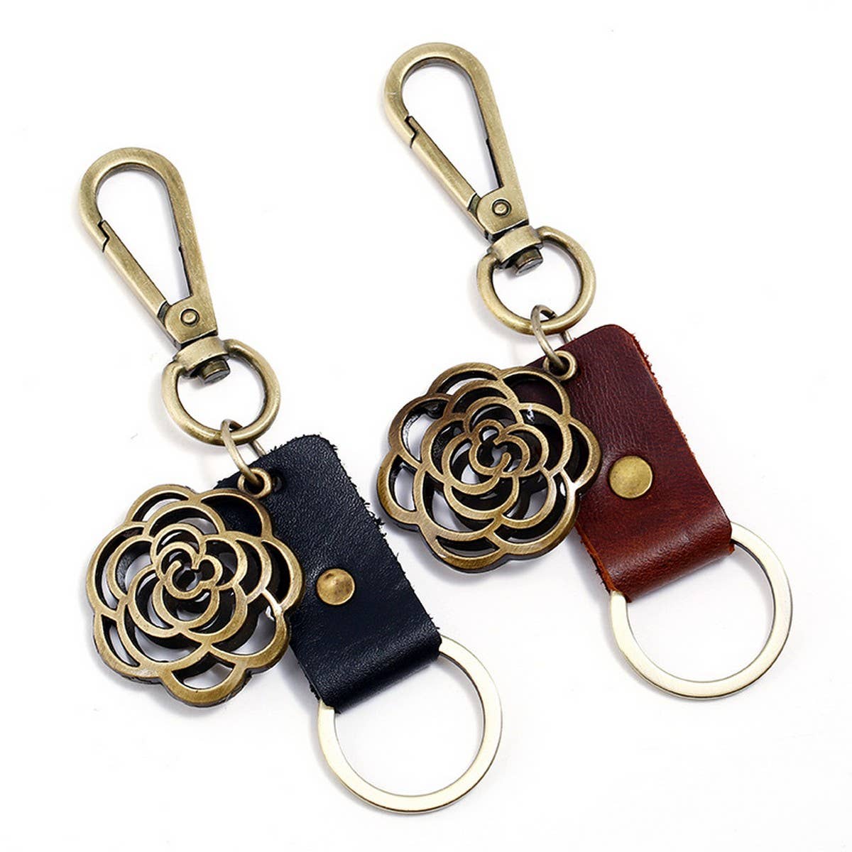 CREATIVE BRONZE ROUND FLOWER COWHIDE KEYCHAIN_CWMM5039