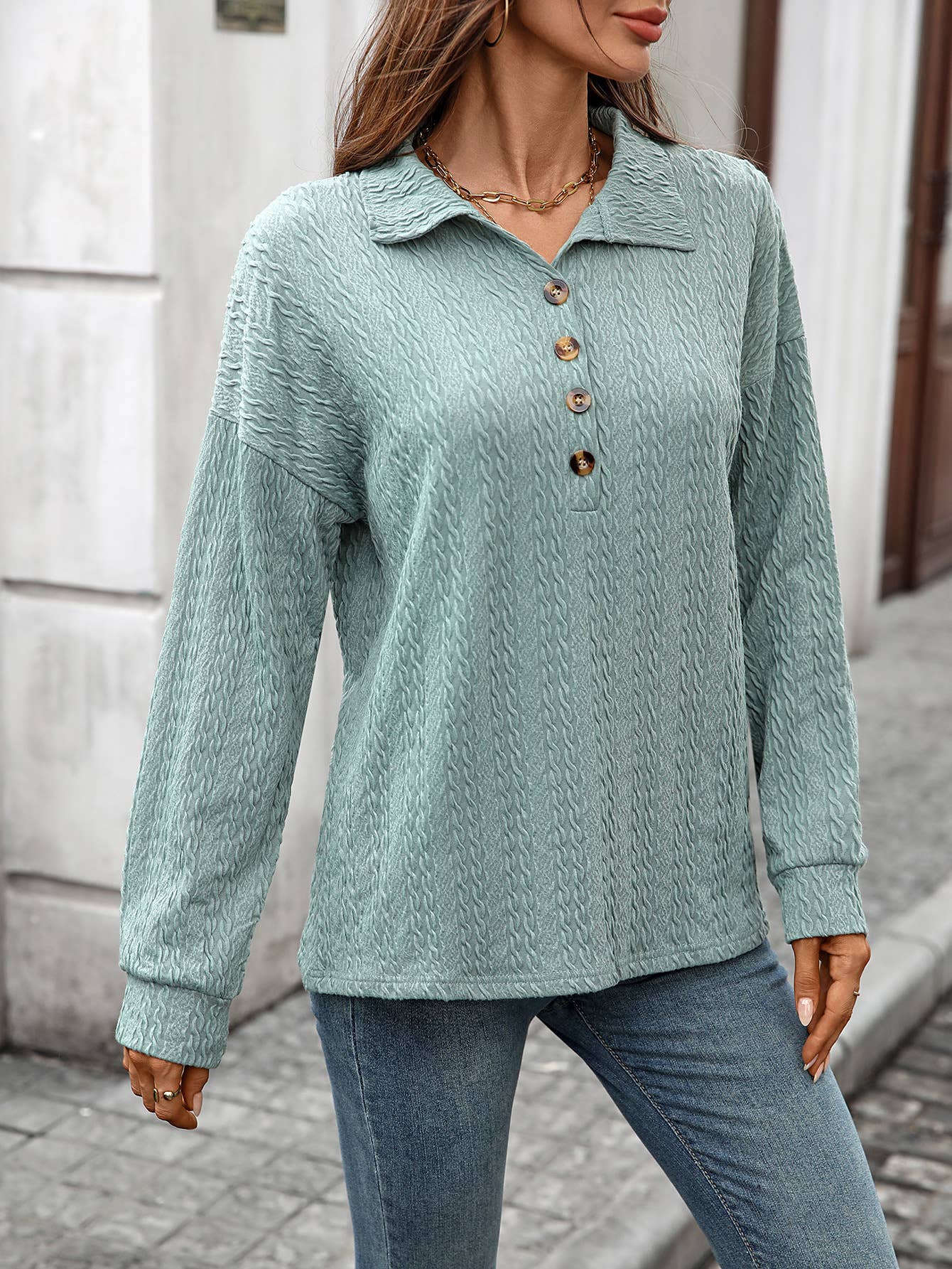 Solid-Color Lapel Button Long-Sleeved Sweatshirt