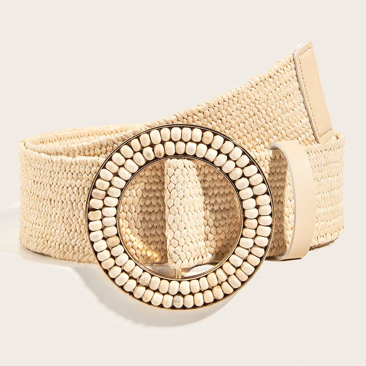 HAND EMBELLISHED ROUND BUCKLE STRAW BELT_CWABE0439