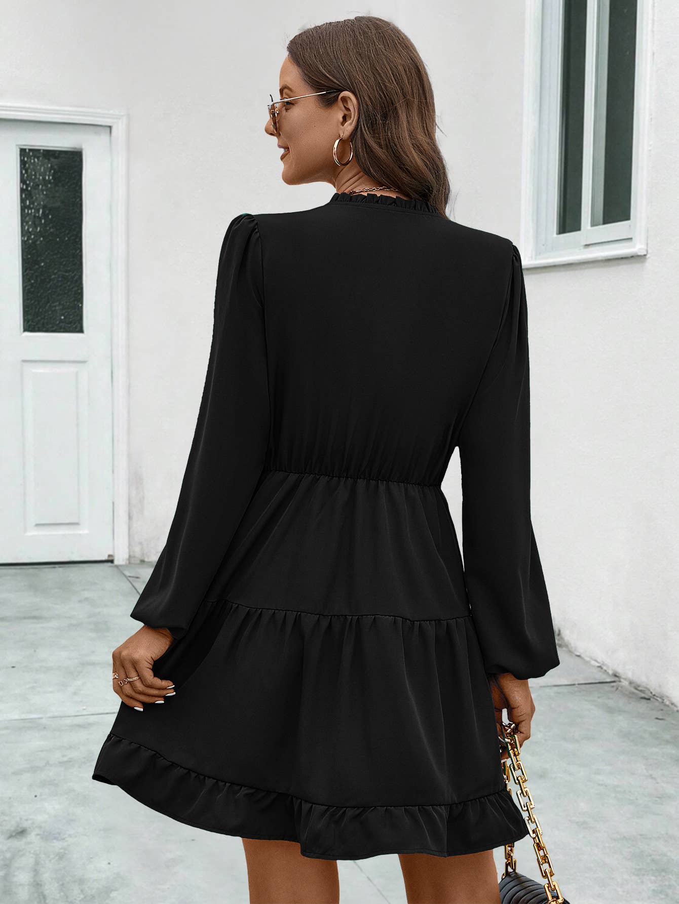 V-Neck Lace-Up Dress With Long Sleeves