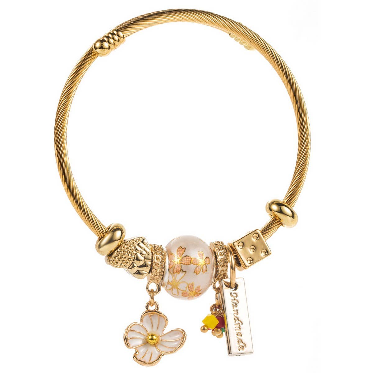 Trendy Beaded Steel Bracelet With Flower Charm_Cwmm8488