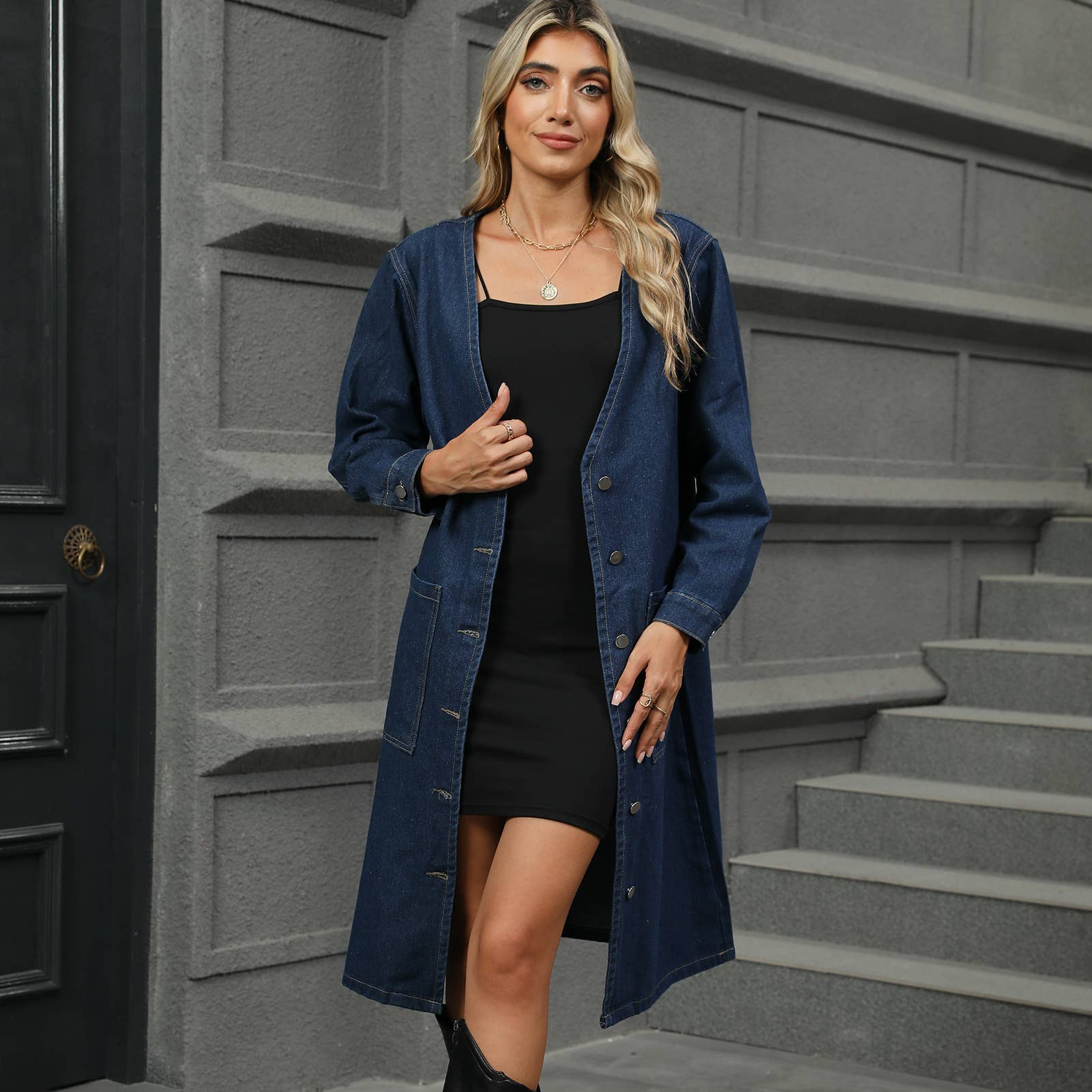Washed Denim Long Coat Trench Cardigan