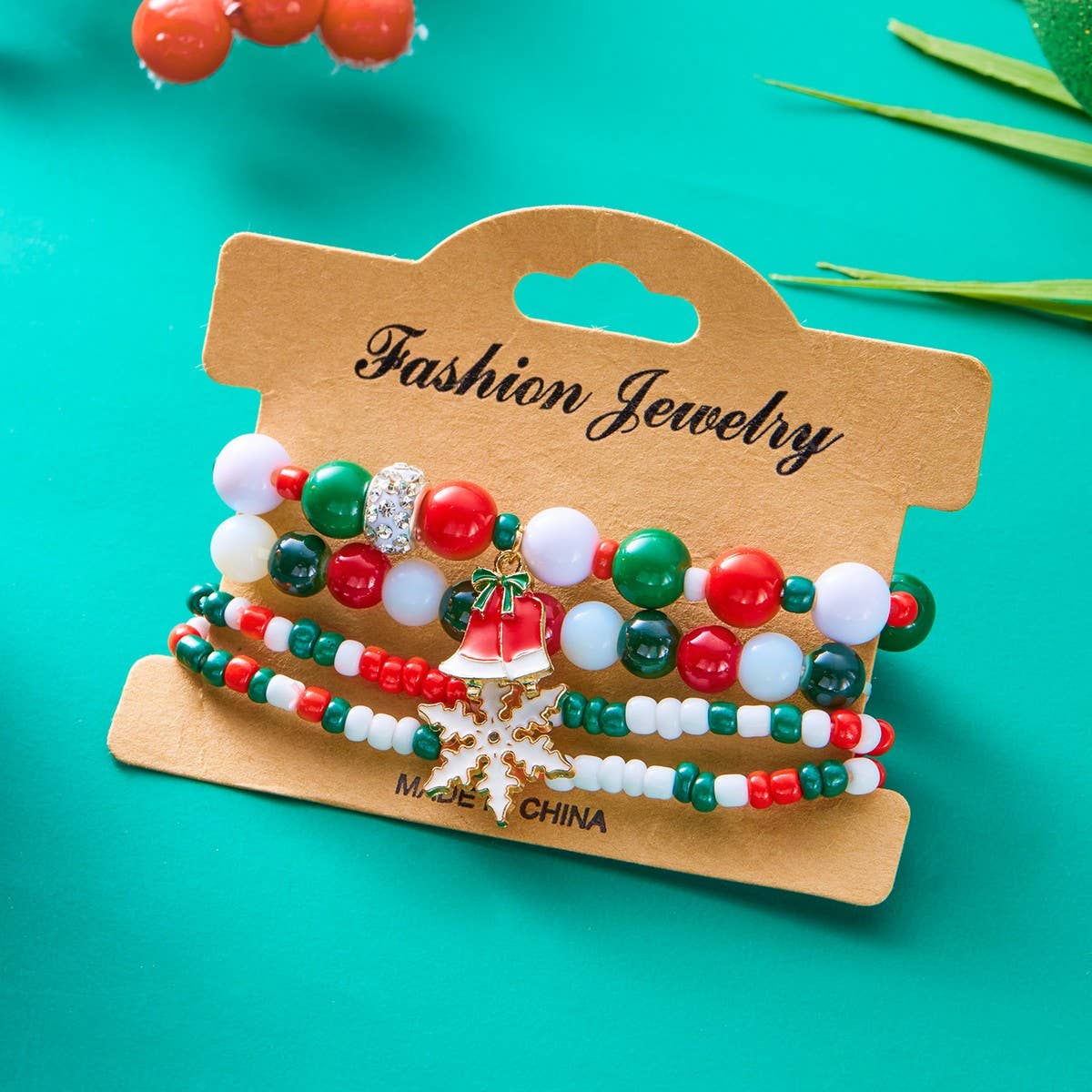 Cwaje2509_Christmas Snowflake Bell Elastic Beaded Bracelet