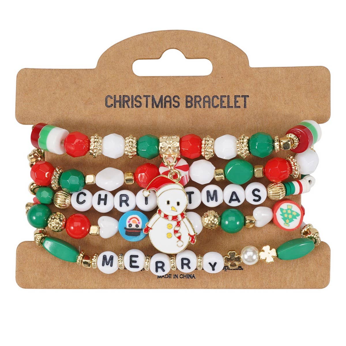 Cwmm10448_Christmas Charm Beaded Bracelet Snowman Tree Gift