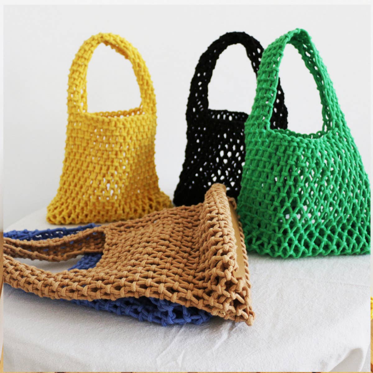 SMALL COTTON ROPE SOLID BEACH BAGS TOTES WITH MESH_CWAB1989