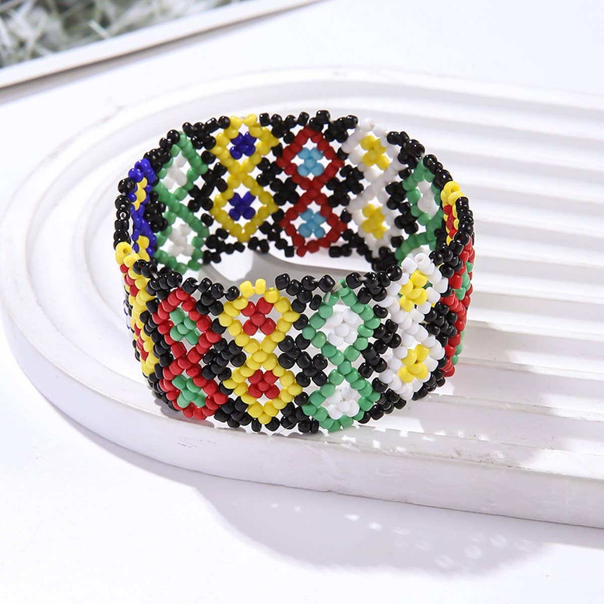 ETHNIC RICE BEAD WOVEN COLORFUL WIDE BRACELET_CWMM3528