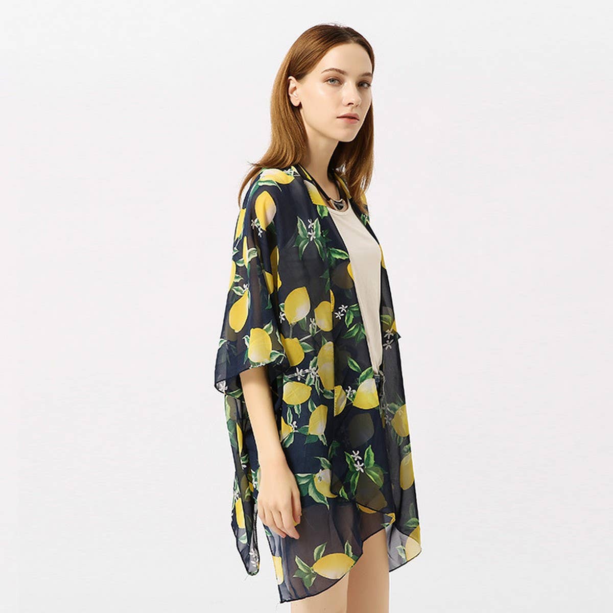 LEMON PRINT OPEN FRONT KIMONO CARDIGAN FOR SUMMER_CWASC0794