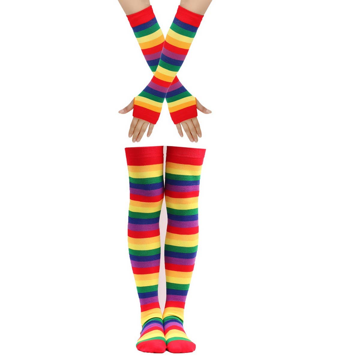 COLORFUL STRIPED KNEE SOCKS AND GLOVES SET_CWMS0309
