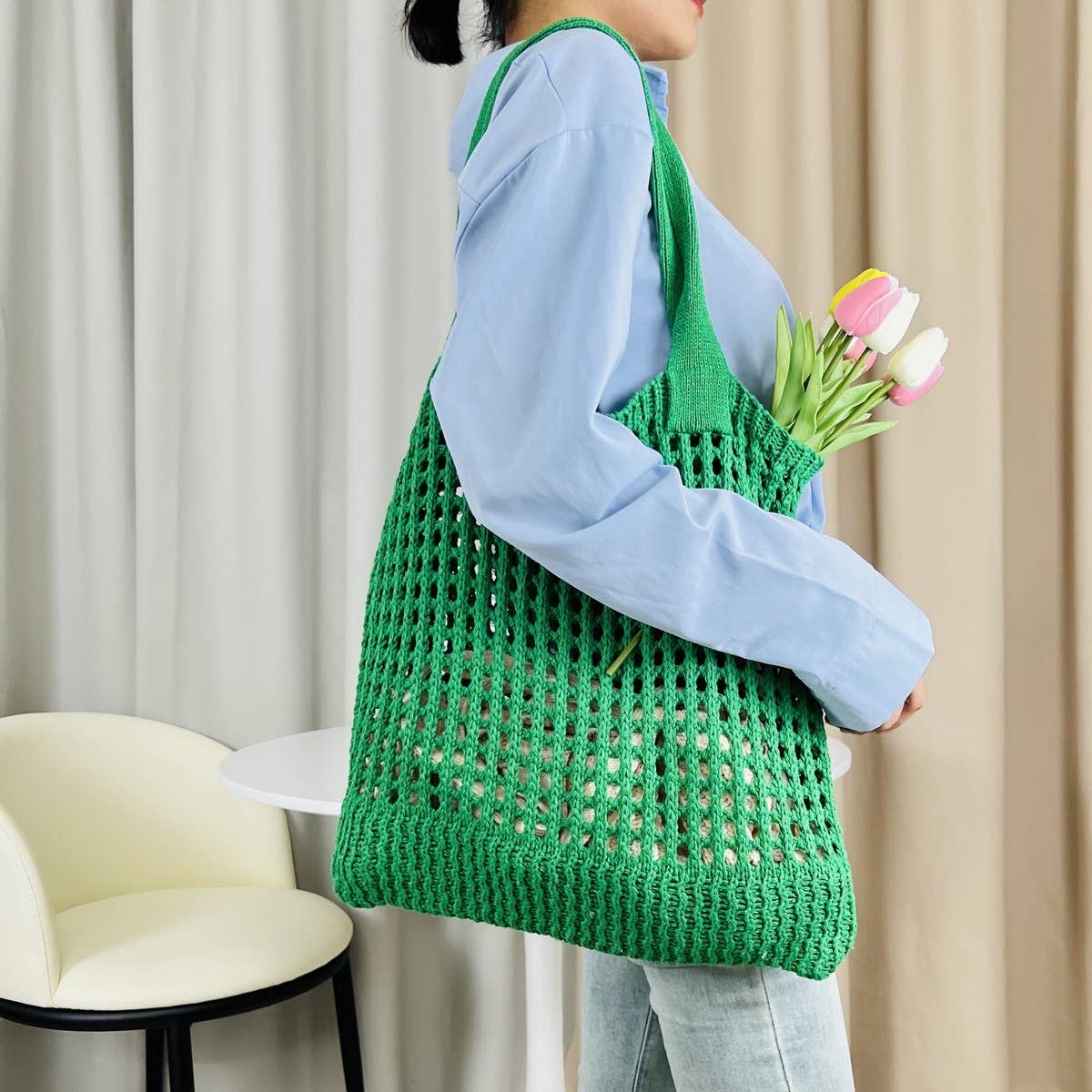 Cwab5059_Solid Color Hollow Bag Single Shoulder Woven Bag