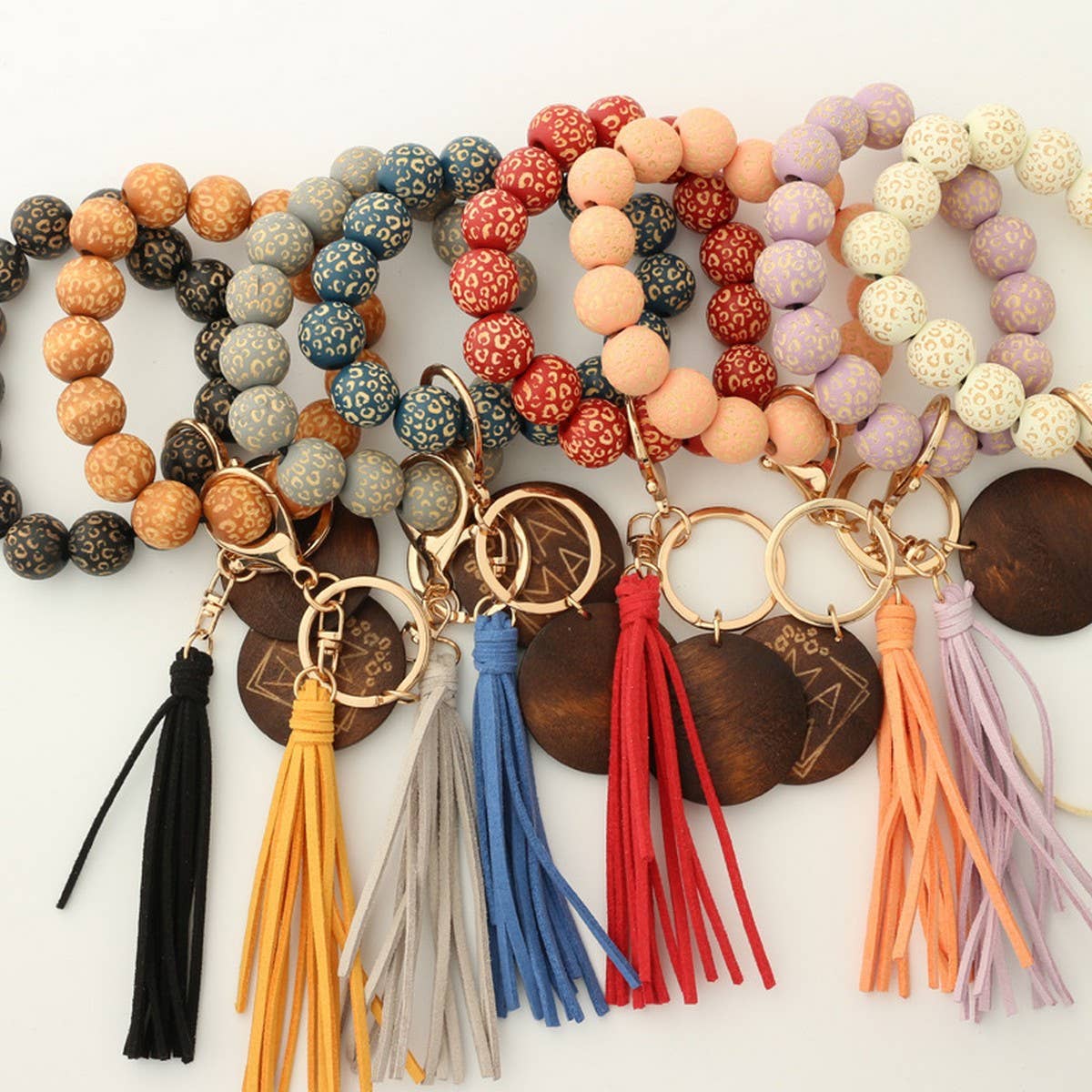 LEOPARD WOOD BEAD BRACELET WITH TASSEL KEYCHAIN_CWAB5107
