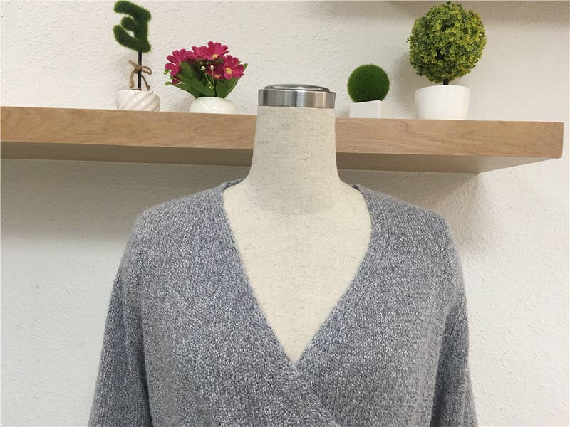SOLID COLOR TIE V-NECK SWEATER LONG SWEATER_cwdsd4919