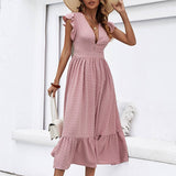 V-Neck Slim Slim Slit Solid Color Long Dress