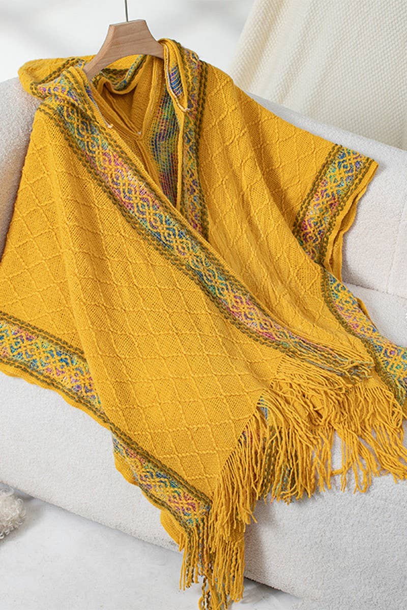 Cwocas0048_Ethnic Knitted Hooded Tassel Cape Shawl