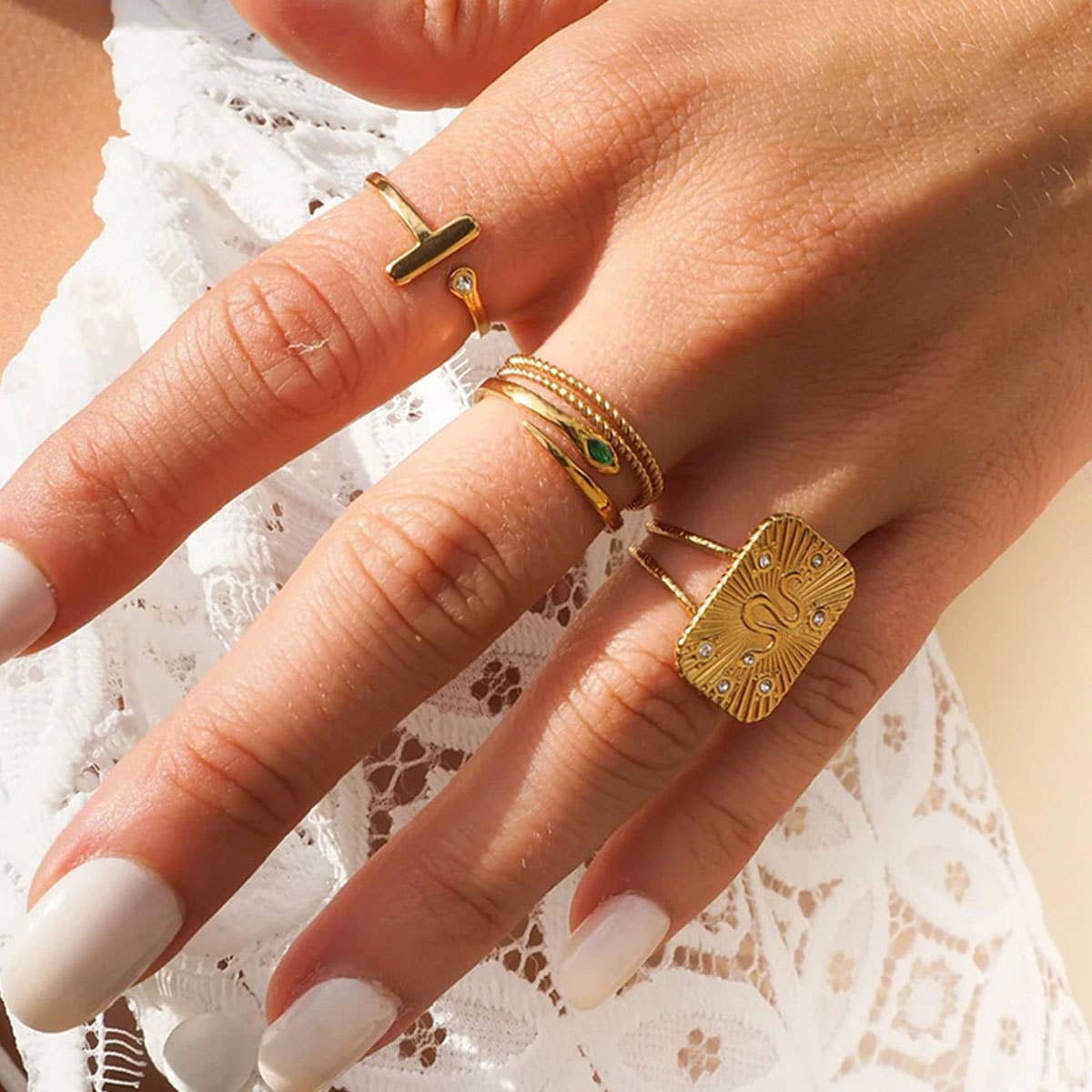 STAINLESS STEEL SNAKE NATURAL STONE RINGS_CWAJE0628