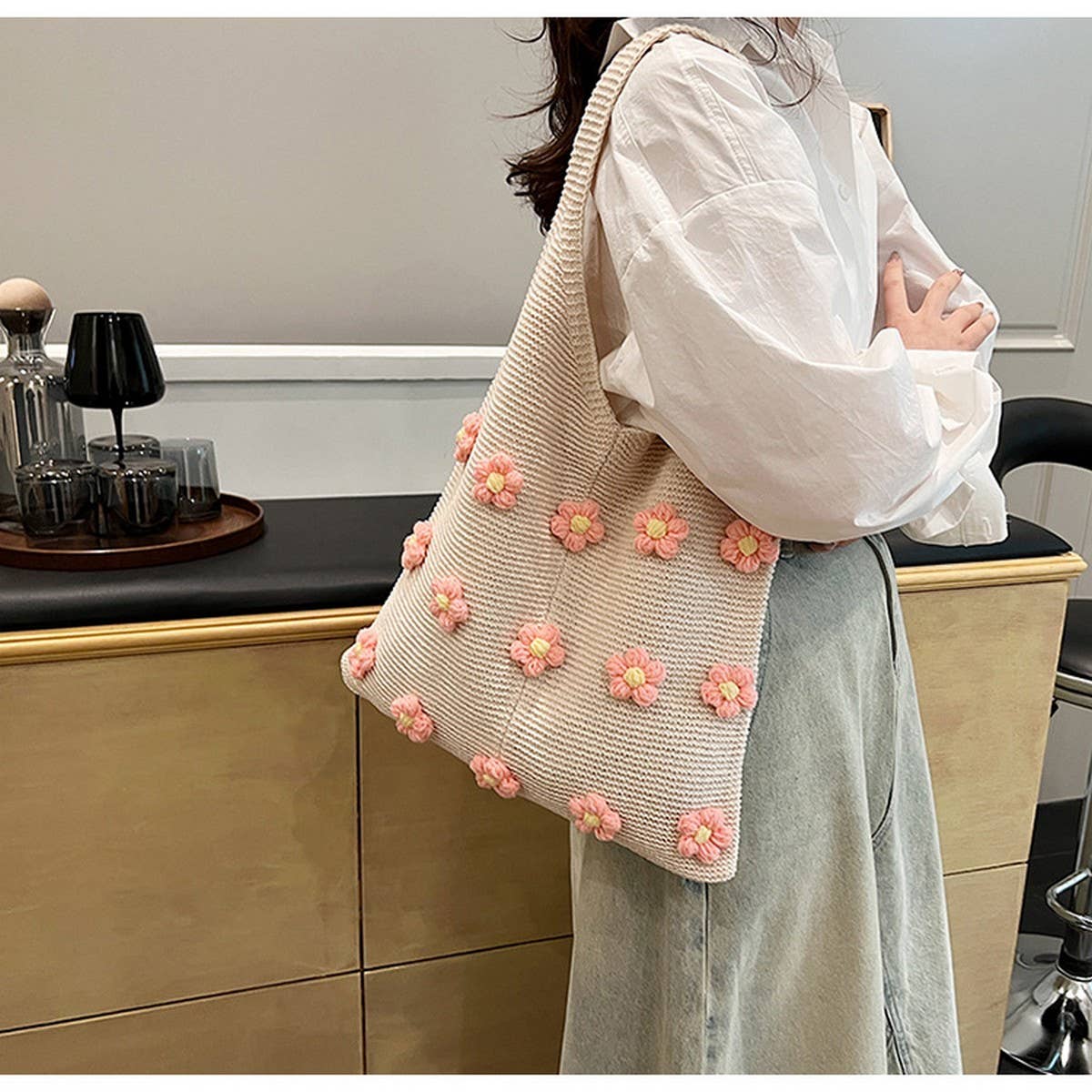 CUTE WOOL FLOWER CROCHET TOTE BAG_CWAB2409