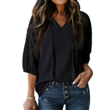 Womens Jacquard Waffle V-Neck Puff Sleeve Top