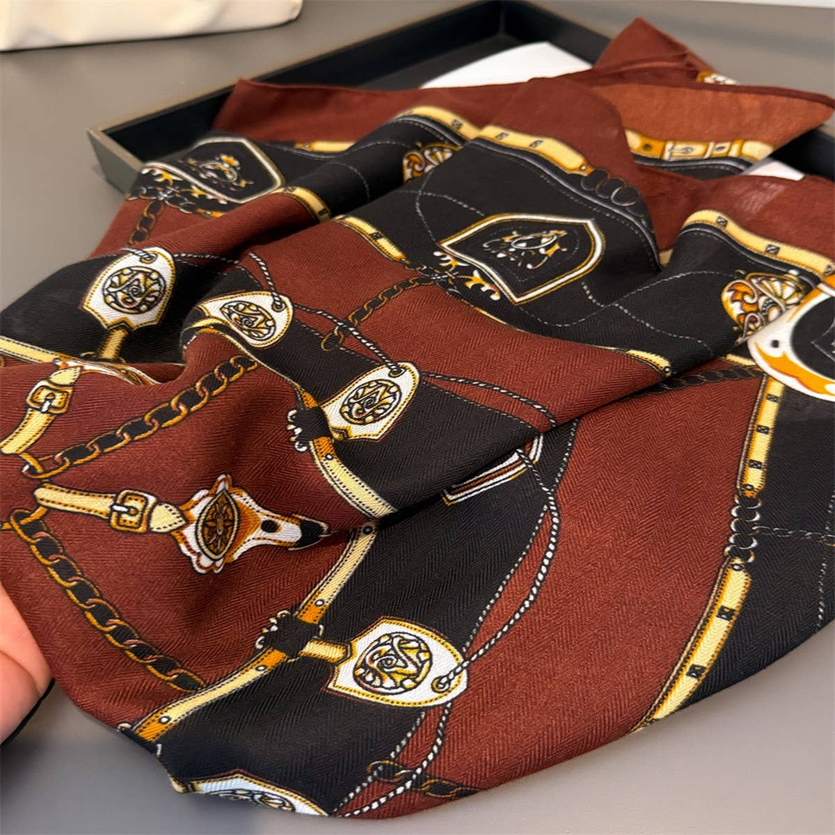 Equestrian Herringbone Cotton-Linen Square Scarf_Cwasc03448