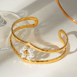 18K GOLD PEARL FLORAL DOUBLE LAYER CUFF BRACELET_CWAJE4795