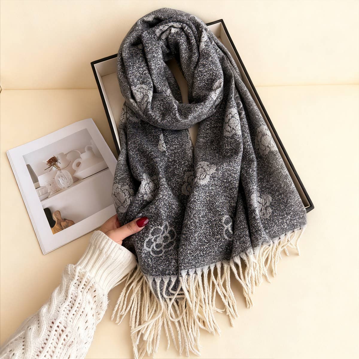 Elegant Camellia Cashmere Feel Tassel Scarf Wrap_Cwasc03244