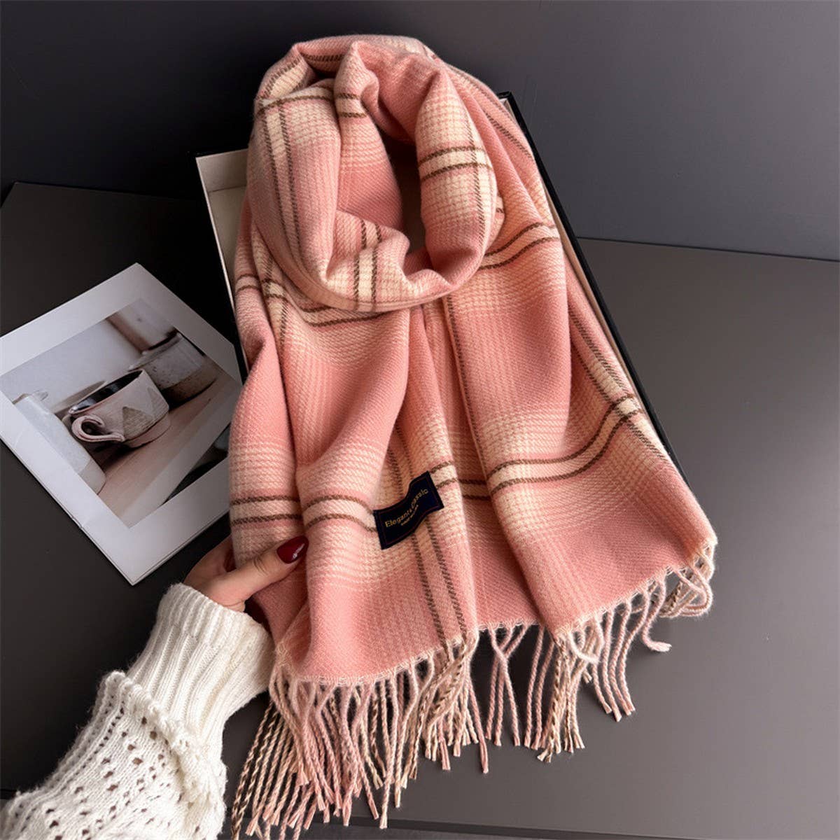 Elegant Plaid Feel Soft Winter Tassel Scarf_Cwasc03241