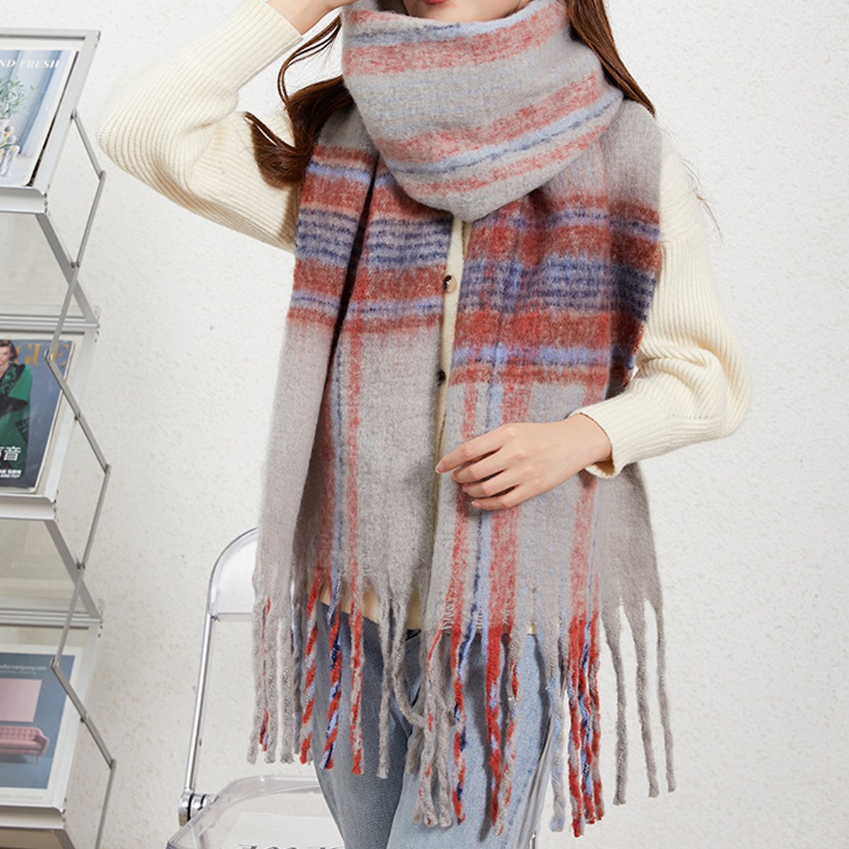 KOREAN STRIPED BRUSHED WINTER SCARF FOR WOMEN_CWASC2697