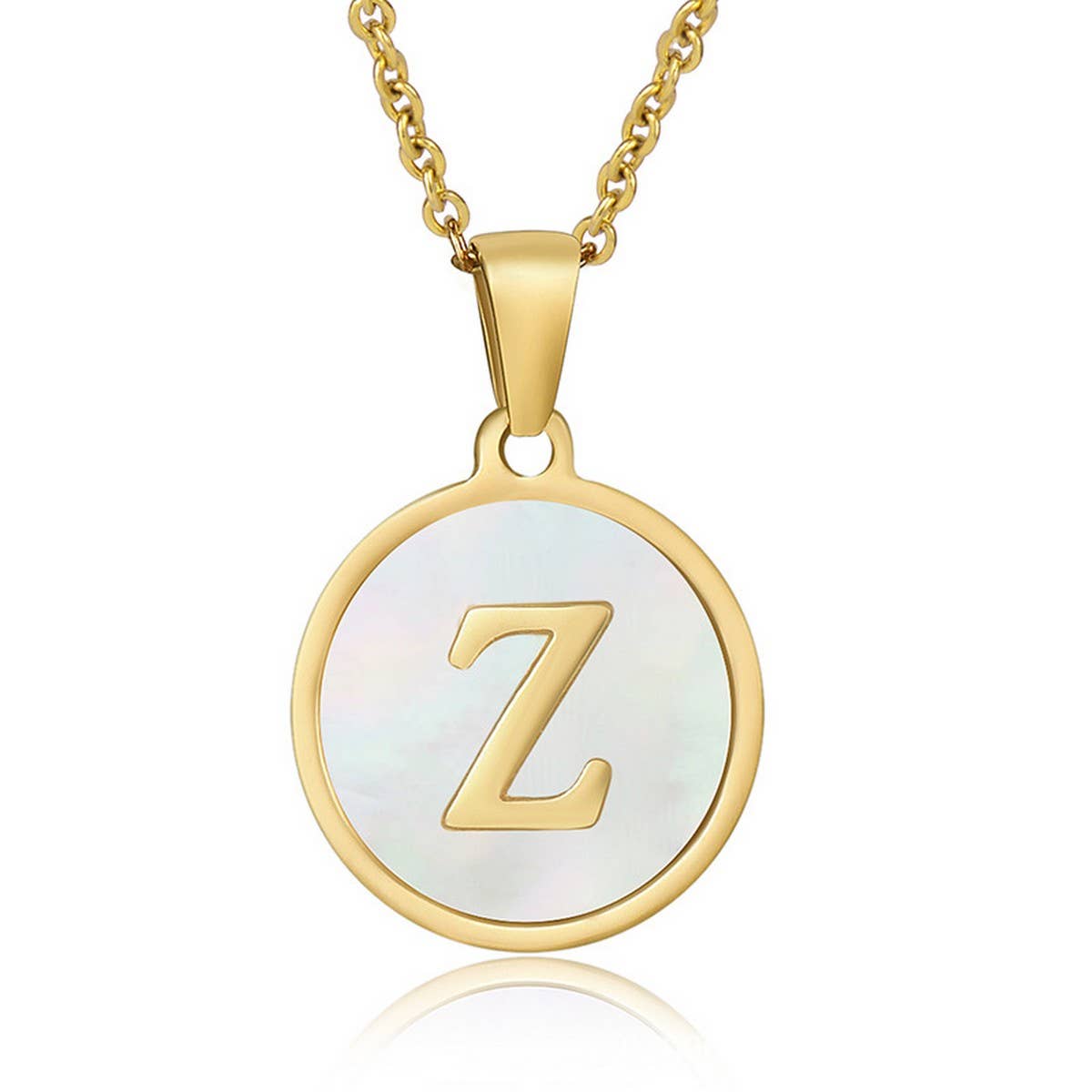 Cwaje1934_Round Stainless Steel White Shell Letter Necklace