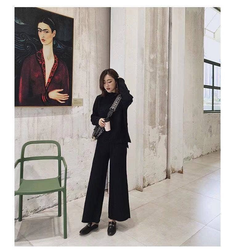 Sweater With Slit And Wide Leg Pants Knit Suit