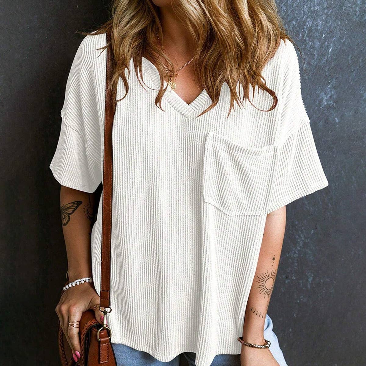 Womens Fashion Colorblock Twist V-Neck Top