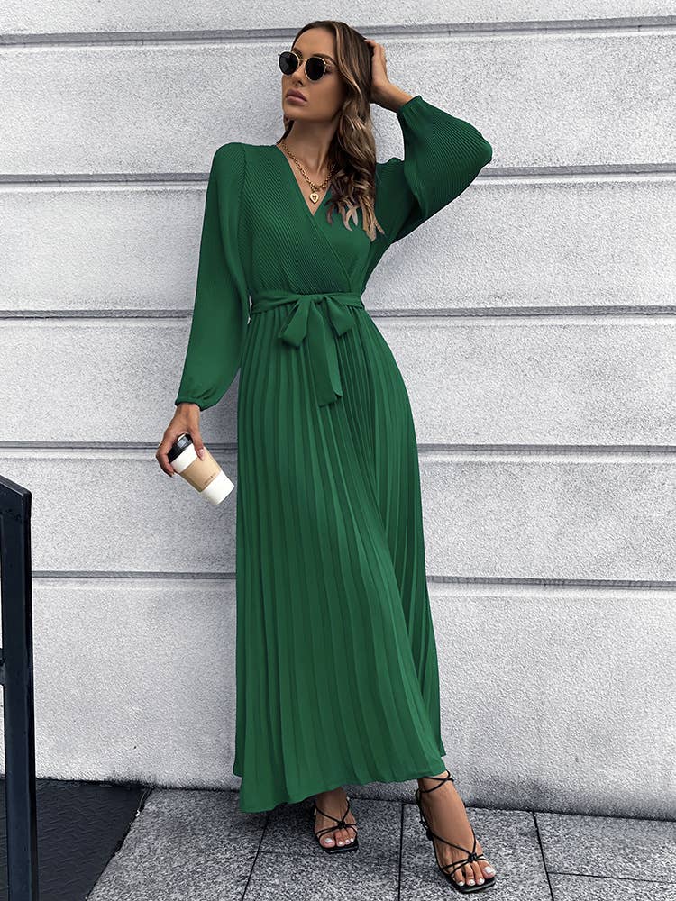 V Neck Long Sleeve Pleated Belted Midi Dress