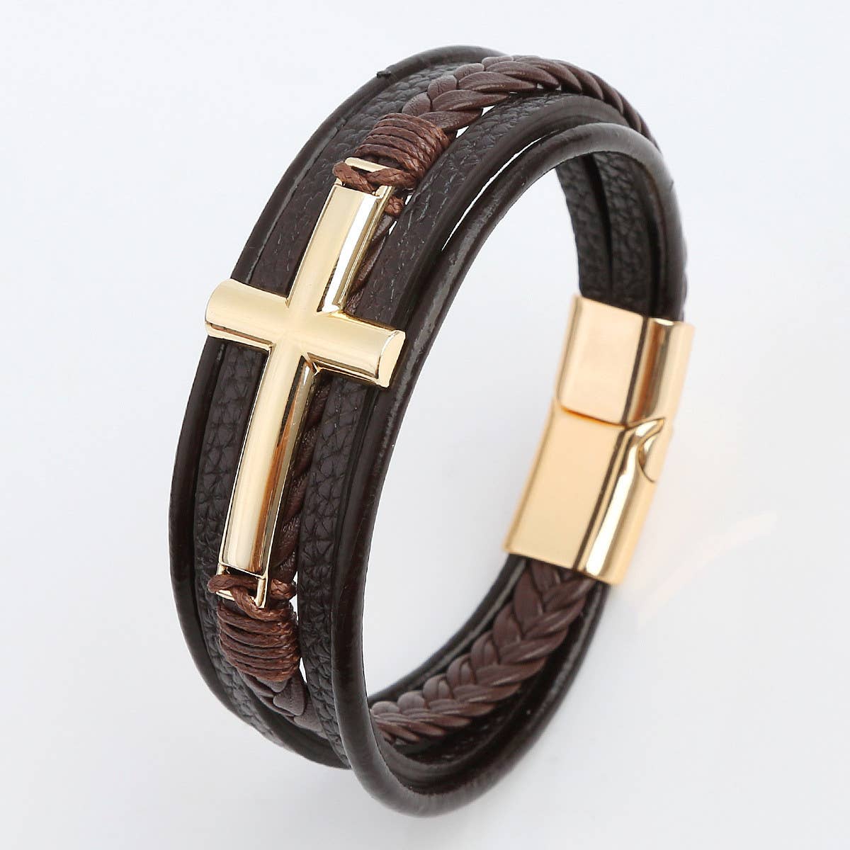NEW LEATHER HANDWOVEN GOLD MAGNET BUCKLE BRACELET_CWAJE1468