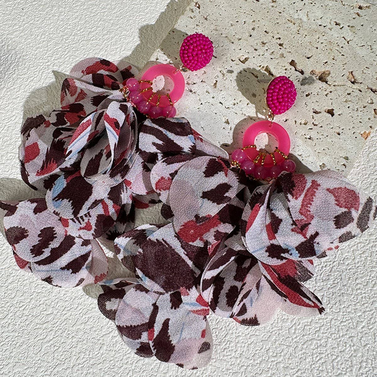 FABRIC FLOWER TASSEL EARRINGS WITH LEOPARD PRINT_CWMM6265