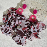 FABRIC FLOWER TASSEL EARRINGS WITH LEOPARD PRINT_CWMM6265
