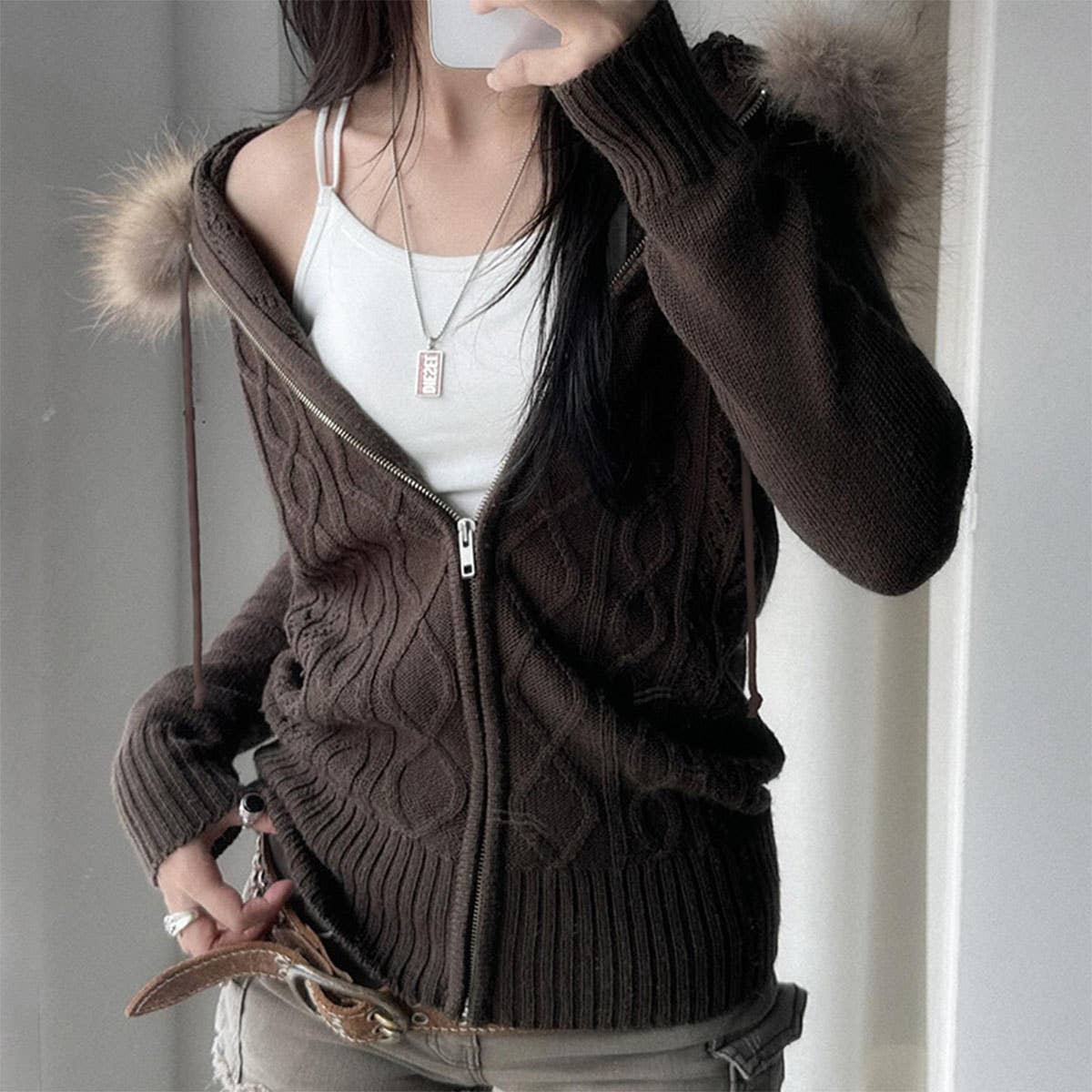 Vintage Casual Fur Collar Hooded Zip-Up Jacket