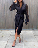 V-Neck Lace Long-Sleeved Dress With Hips Tucked In