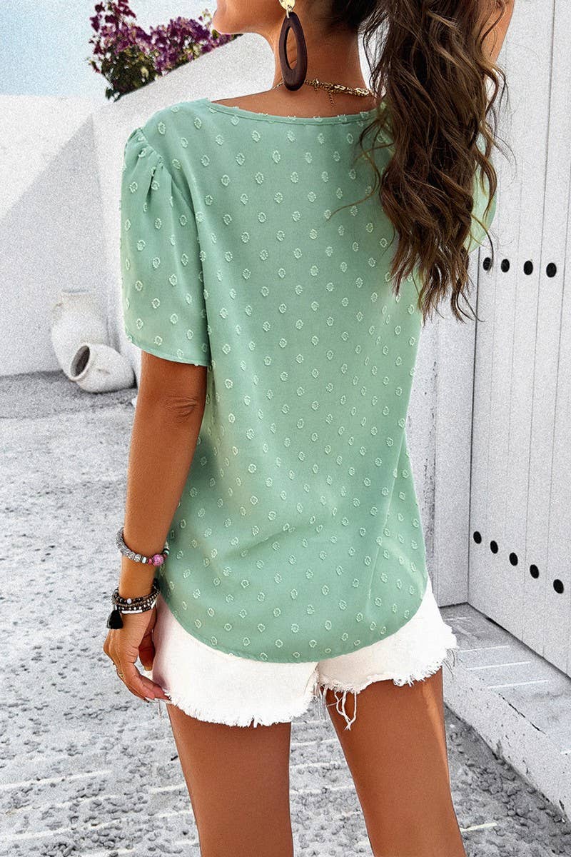 Solid Color V Neck Lotus Sleeve Top_Cwtsts0169