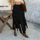 Solid Color Lace-Up Waist Draw-In Split Skirt