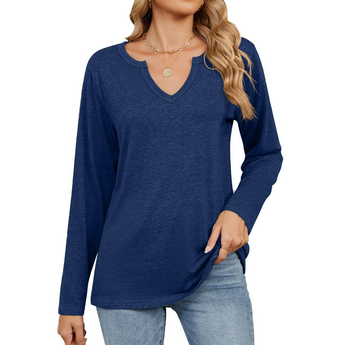 V-Neck Color Cotton Long Sleeve Loose T-Shirt