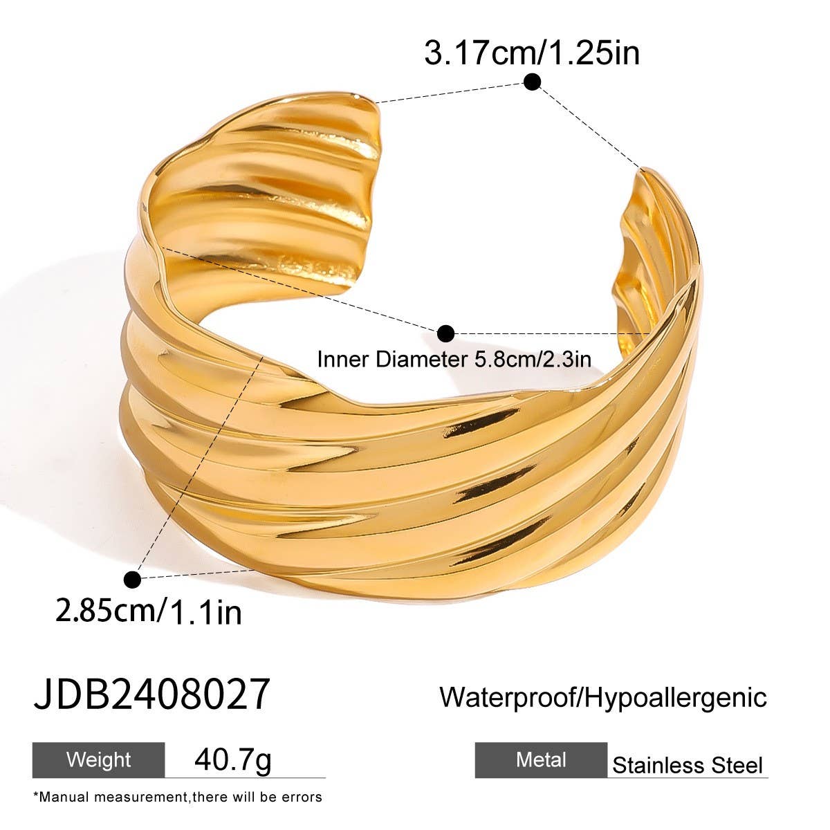 RETRO WAVE DESIGN 18K GOLD STEEL OPEN BANGLE_CWAJE4892
