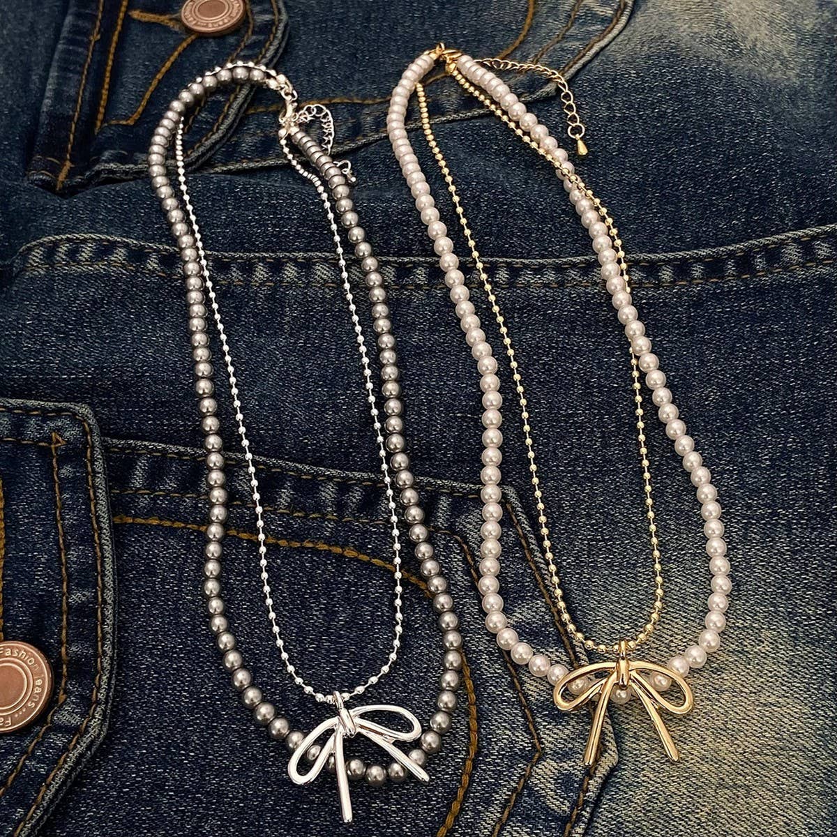 FASHIONABLE TASSEL BOW PEARL DOUBLE LAYER NECKLACE_CWAJE3056