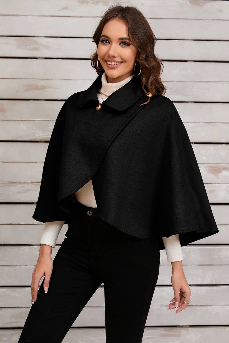 Cwoco0951_Solid Color Short Cape Shawl Coat