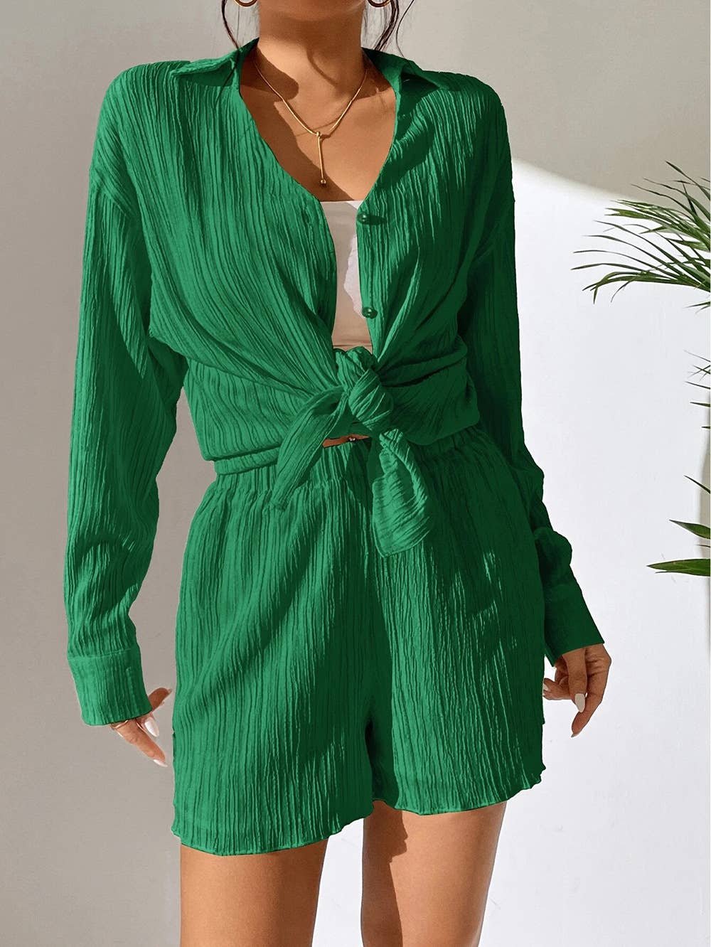 V-Neck Shirt Long Sleeve Shorts Casual Suit